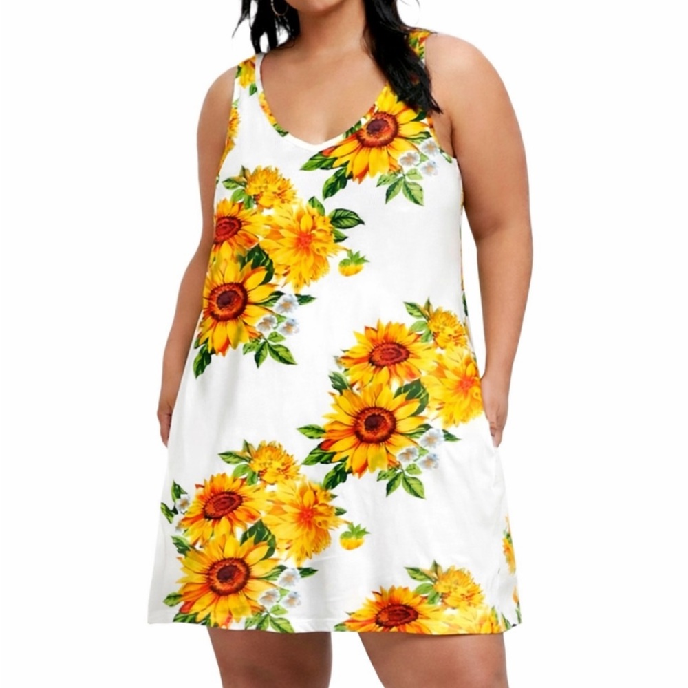 Bishuige plus size white sunflower print sleeveless v-neck shift dress 3XL